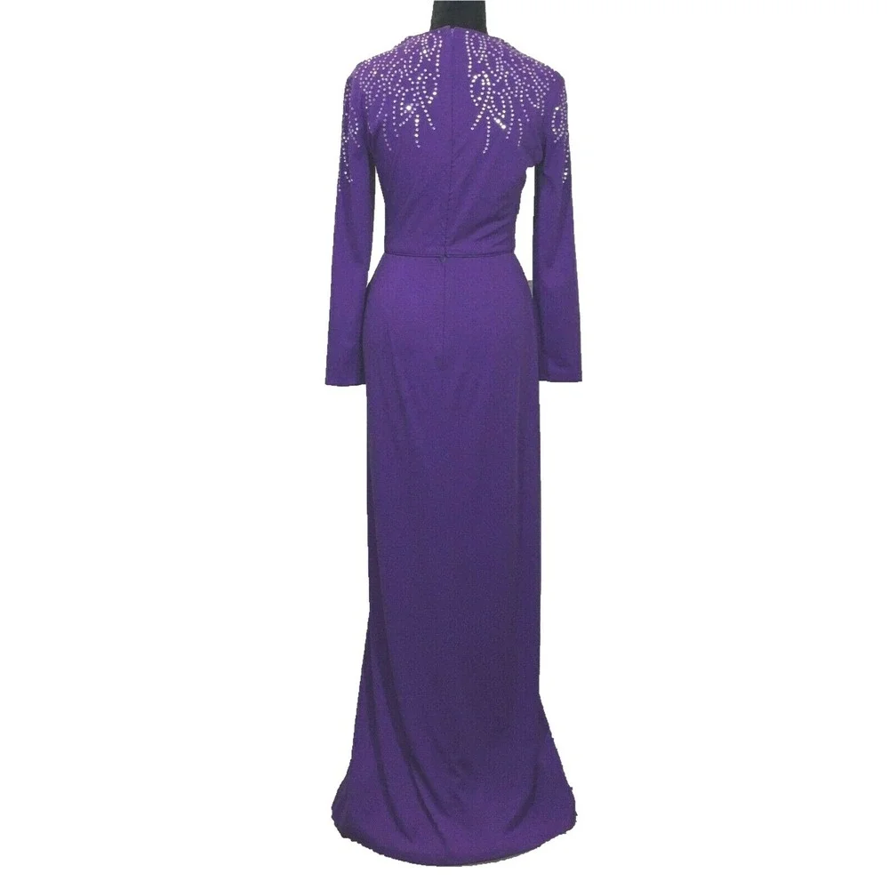 VTG RANDYS Glamorous Knit‎ Jersey Long Dress Dark Purple Rhinestone Embellish